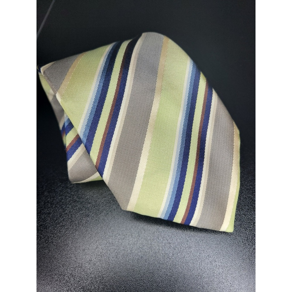 Canali Men's Necktie Green Grey Striped Silk 3.75" x 58" Excellent